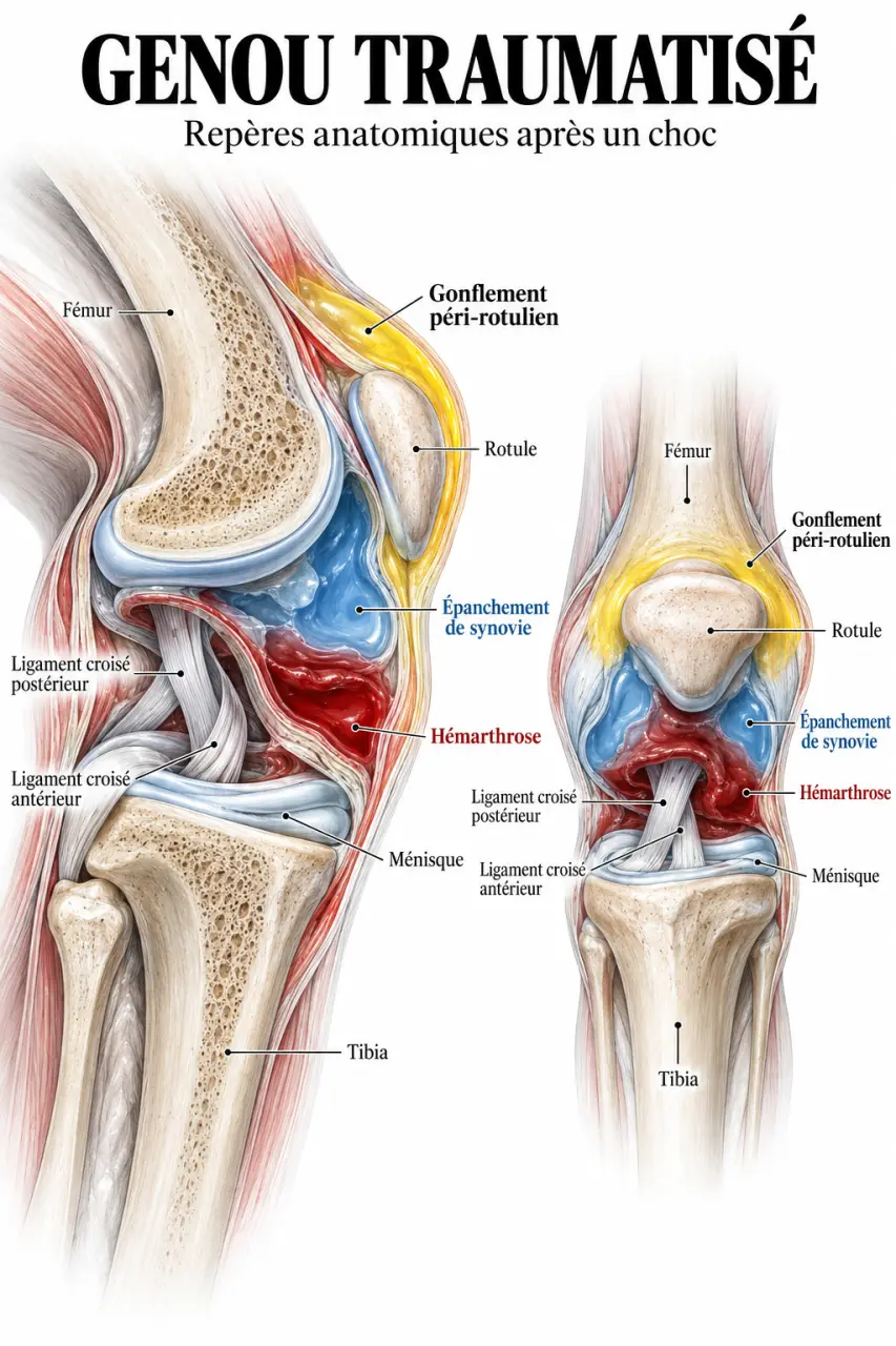 Schéma d’un genou gonflé après chute montrant l’épanchement, l’hémarthrose, les ligaments et le ménisque