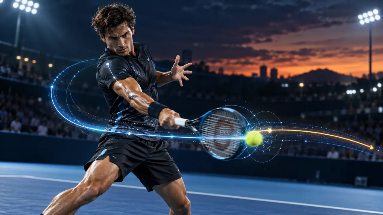 Joueur de tennis au moment de l'impact avec une raquette en mouvement