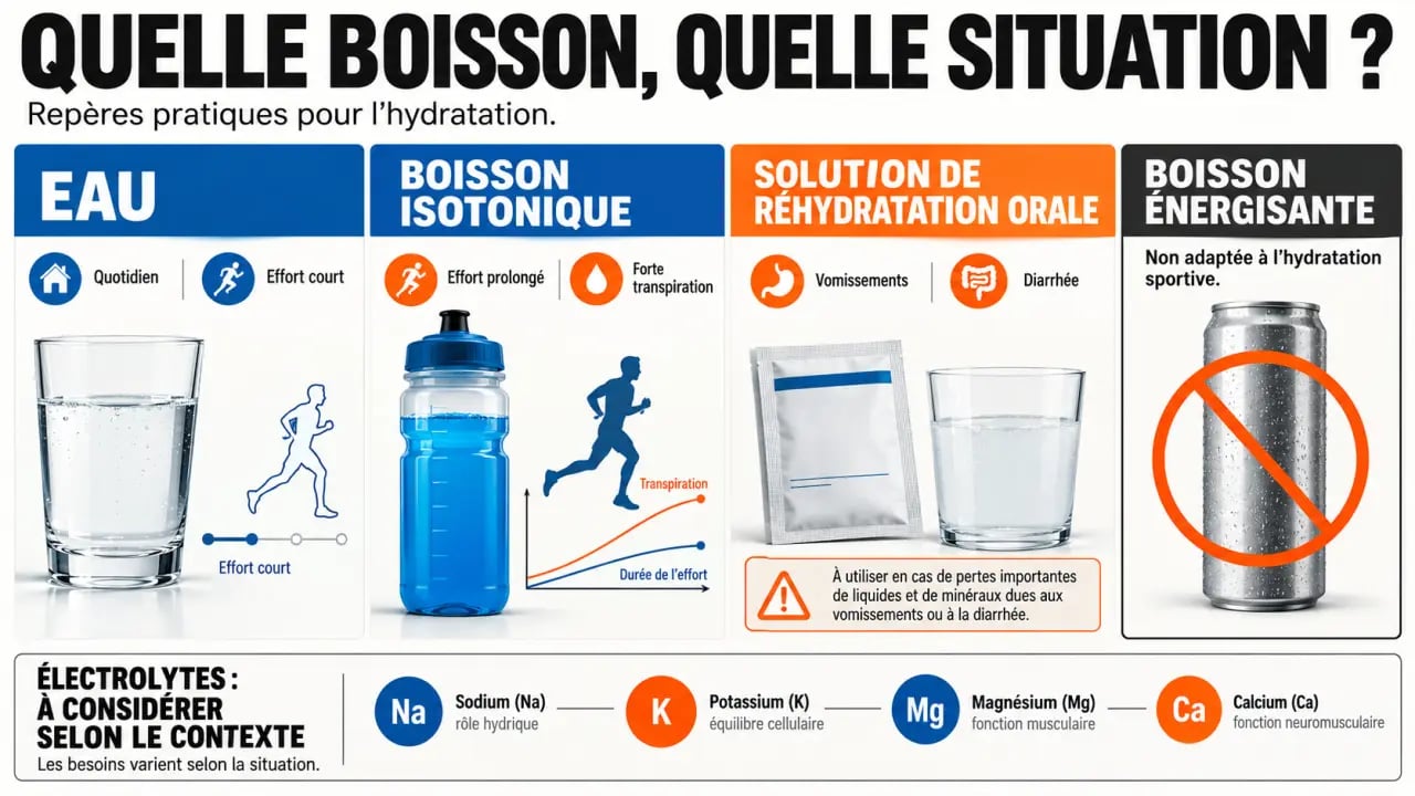 Boisson hydratation : choix entre eau, boisson isotonique et solution de réhydratation selon la situation