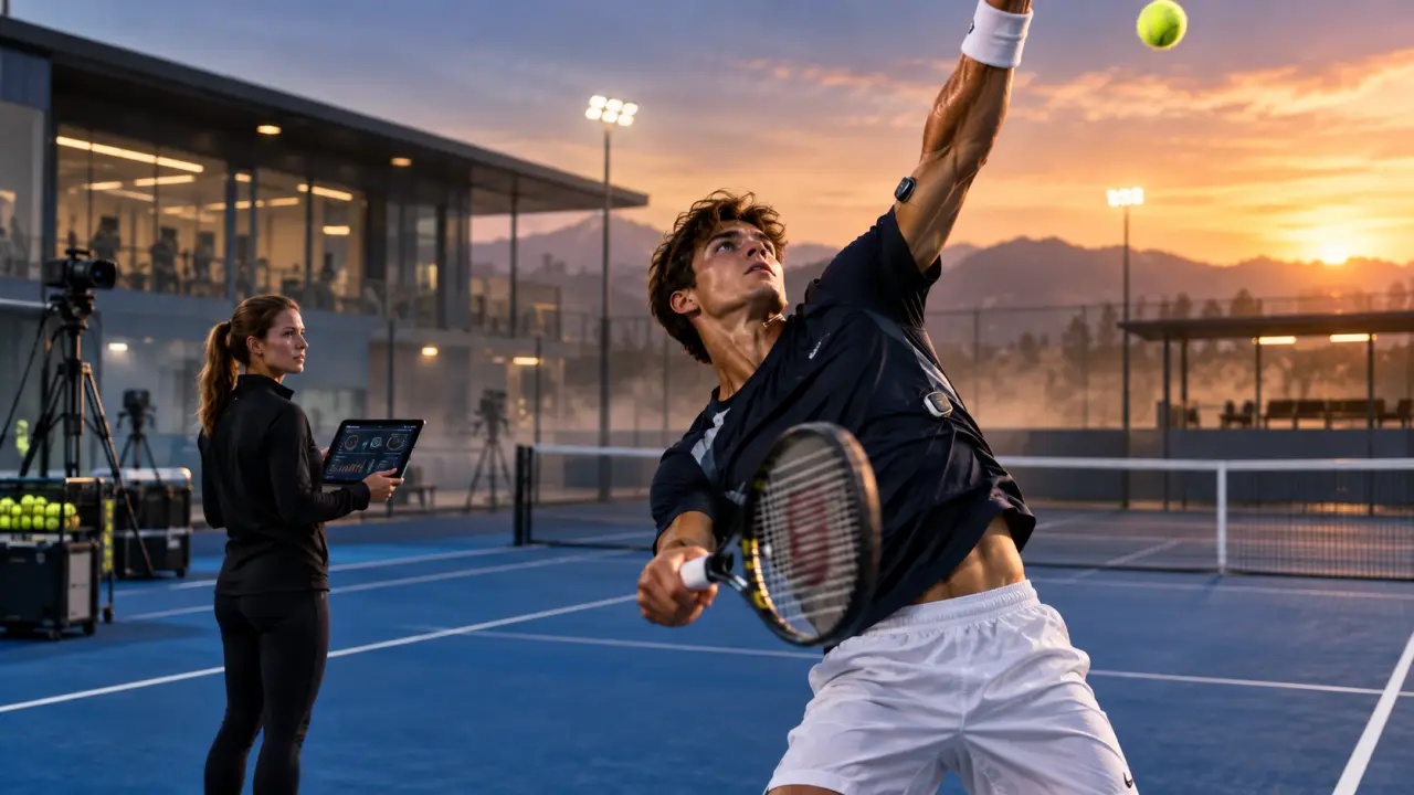 Joueur de tennis au service avec données de performance superposées