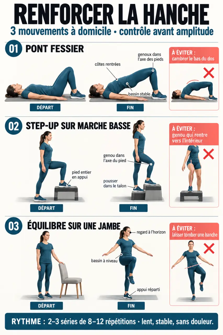 Illustration des exercices de renforcement musculaire de la hanche à domicile