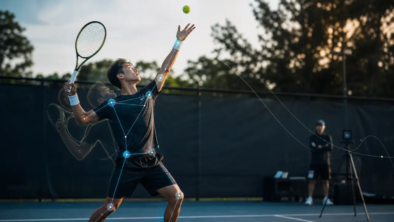 Service de tennis en action avec interface de performance