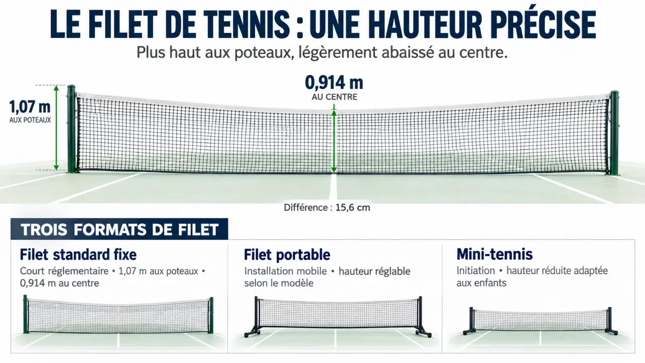 Infographie sur les dimensions et les types de net tennis