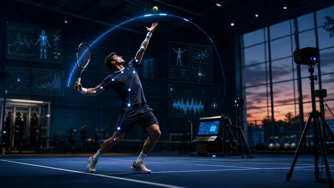 Service de tennis analysé par une interface IA avec vitesse et angle de frappe