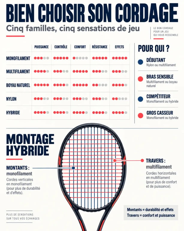 Quel cordage choisir au tennis : comparaison des cordages monofilament, multifilament, boyau et hybride