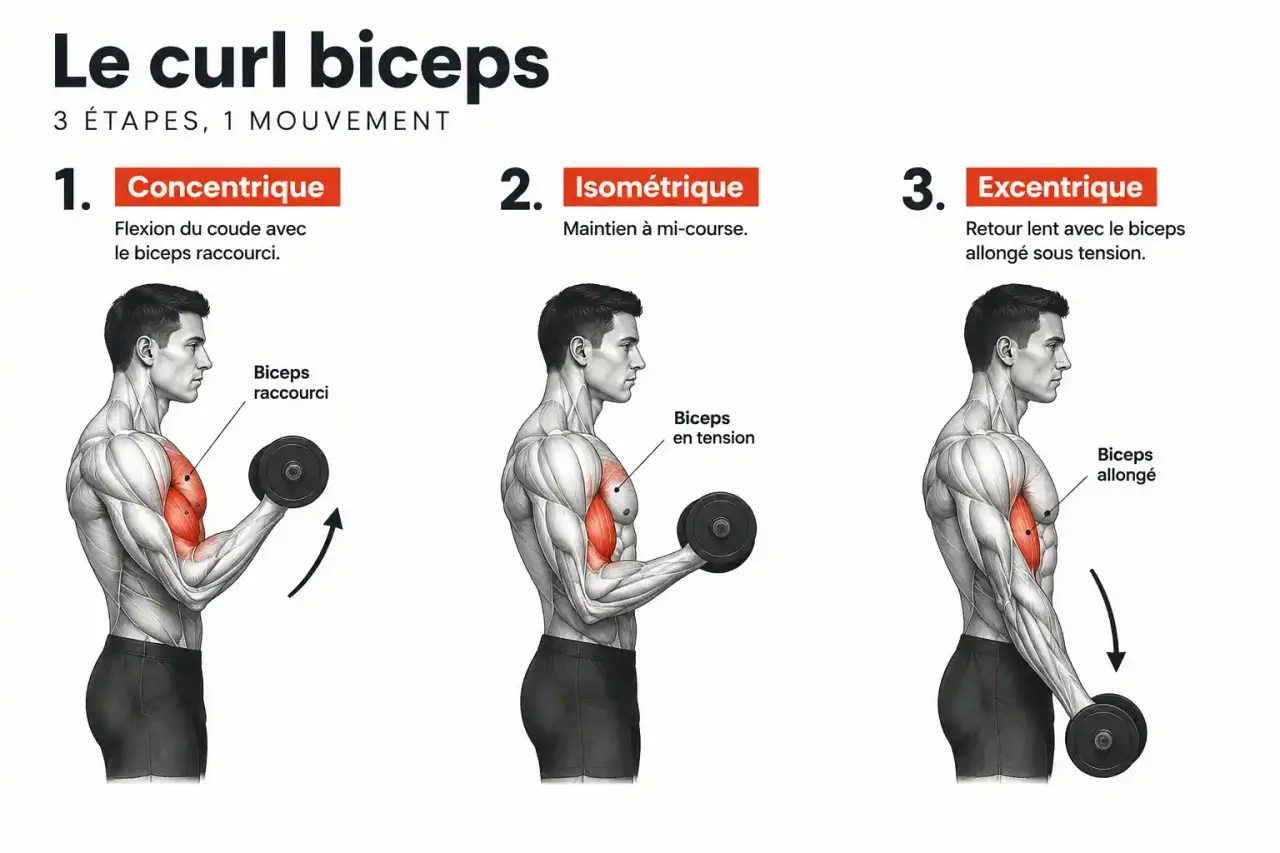 Schéma d'un curl biceps illustrant la différence entre contraction concentrique, isométrique et excentrique