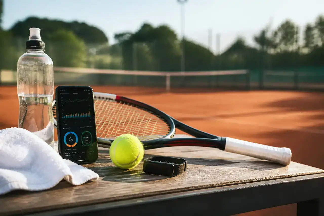 Service de tennis en action avec interface de données surimposée