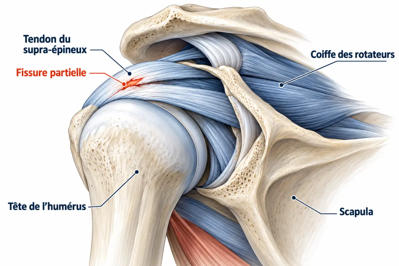 Schéma anatomique d’une tendinopathie fissuraire du supra-épineux avec fissure partielle du tendon