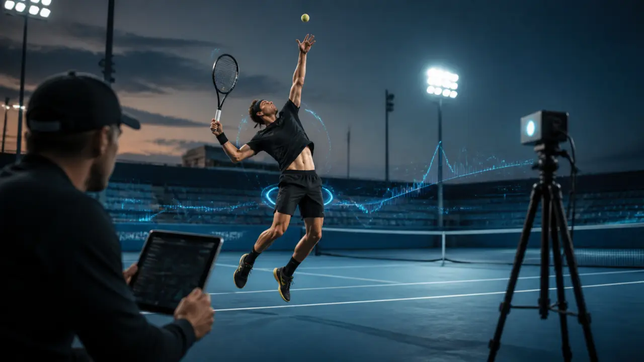 Service de tennis en action avec interface de données de performance