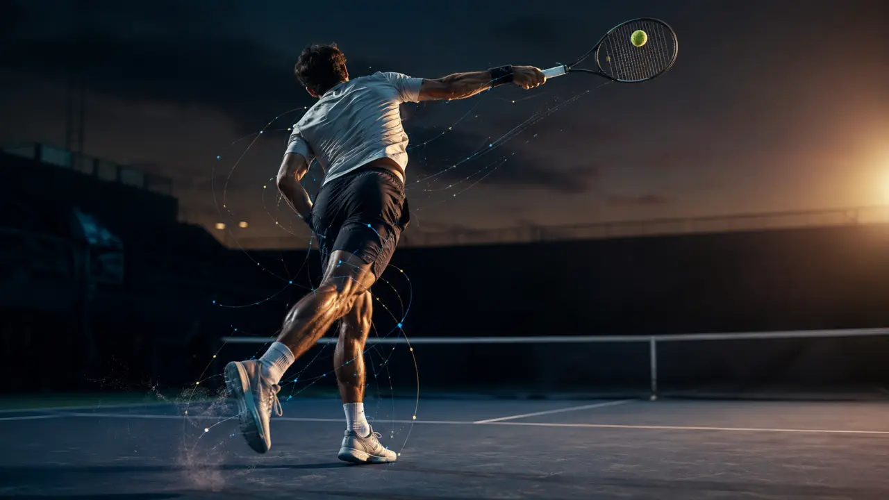 Joueur de tennis au moment de l'impact lors d'un service puissant