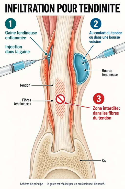 Schéma des zones d’injection pour une infiltration pour tendinite et de la zone à éviter dans les fibres du tendon