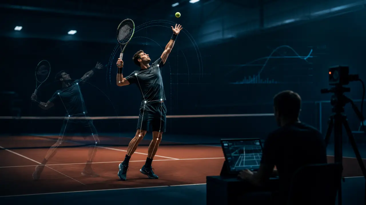 Service de tennis en action avec interface de données biomécaniques