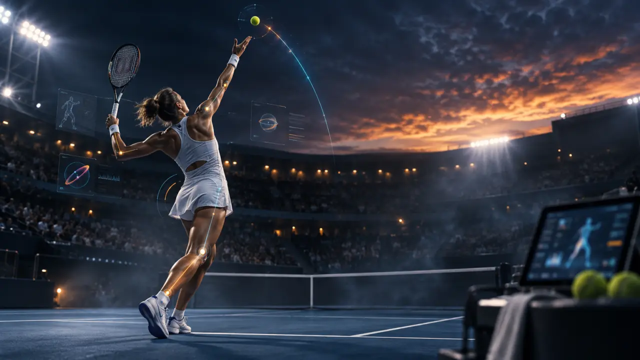 Joueur de tennis au moment de l'impact sur un service, avec données biomécaniques