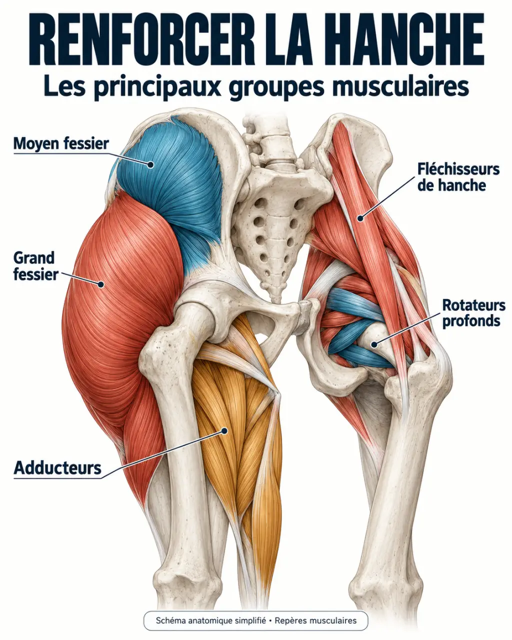 Schéma des muscles sollicités lors du renforcement musculaire de la hanche