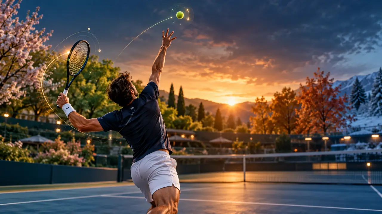 Joueur de tennis au moment de l’impact sur un service, avec données de vitesse et de trajectoire