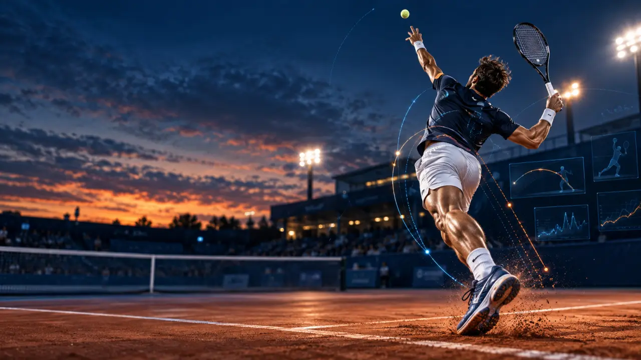 Joueur de tennis au moment de l’impact sur un service, avec visualisation de données biomécaniques
