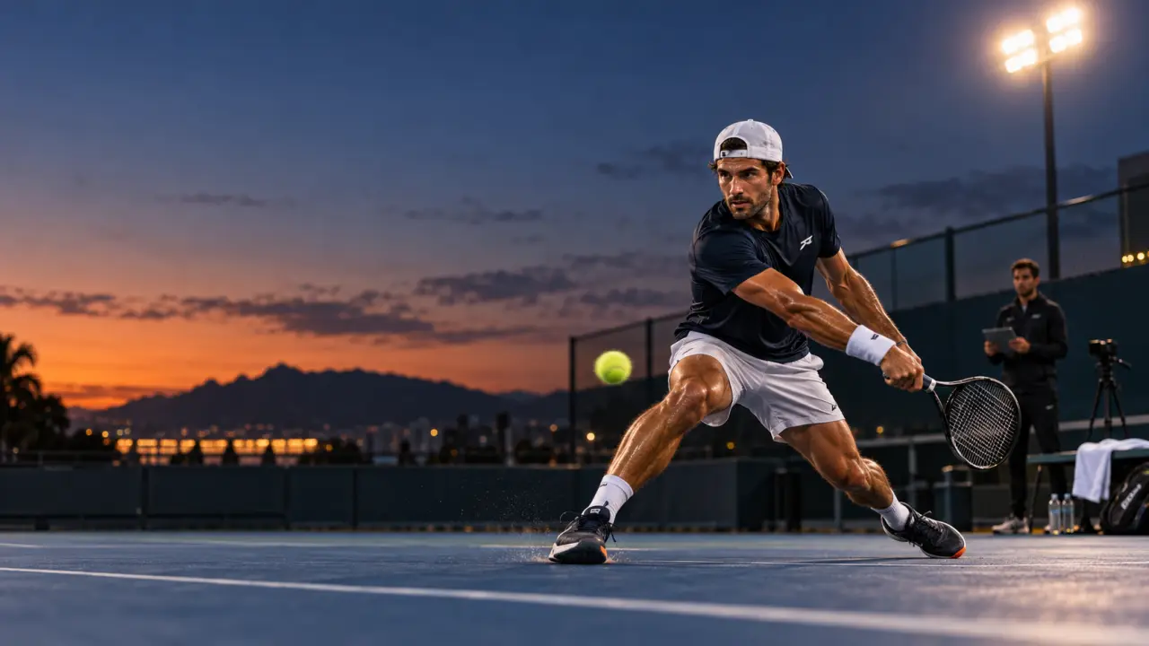 Joueur de tennis en plein échange sur un court éclairé