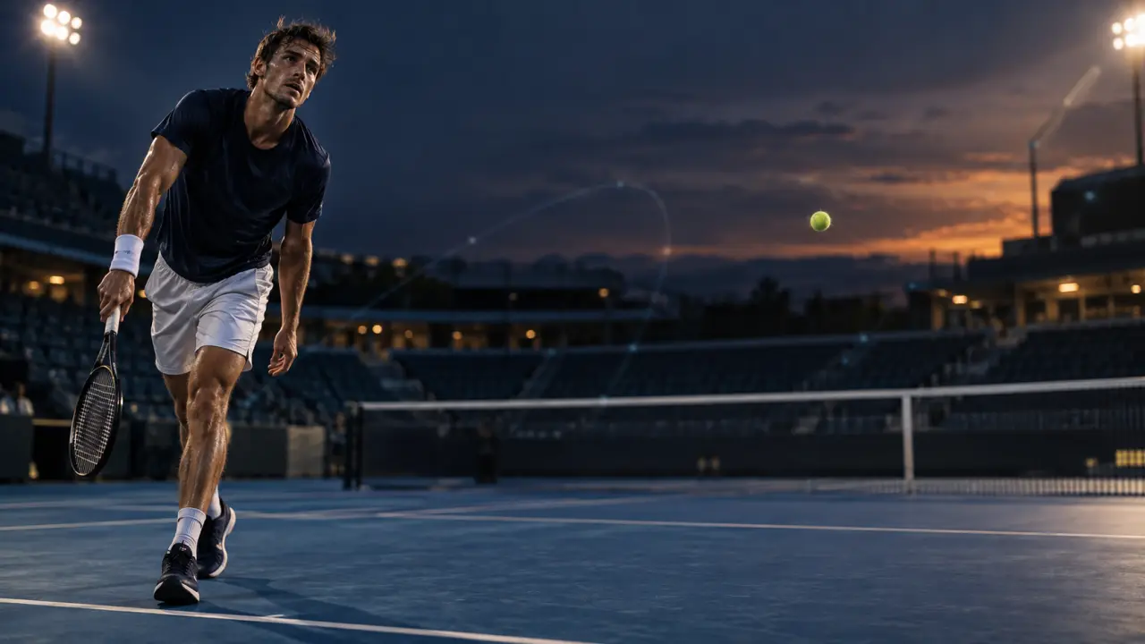 Joueur de tennis réalisant un service puissant sous les projecteurs