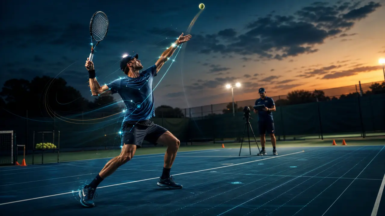 Service de tennis en pleine vitesse sous éclairage de stade, avec interface de performance holographique