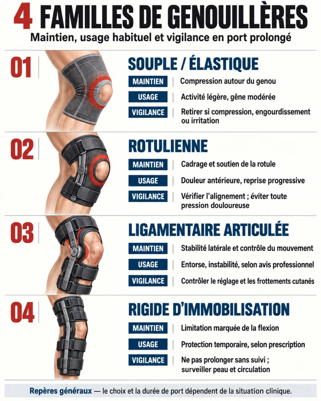 Infographie sur le port d’une genouillère toute la journée selon les différents types de genouillères