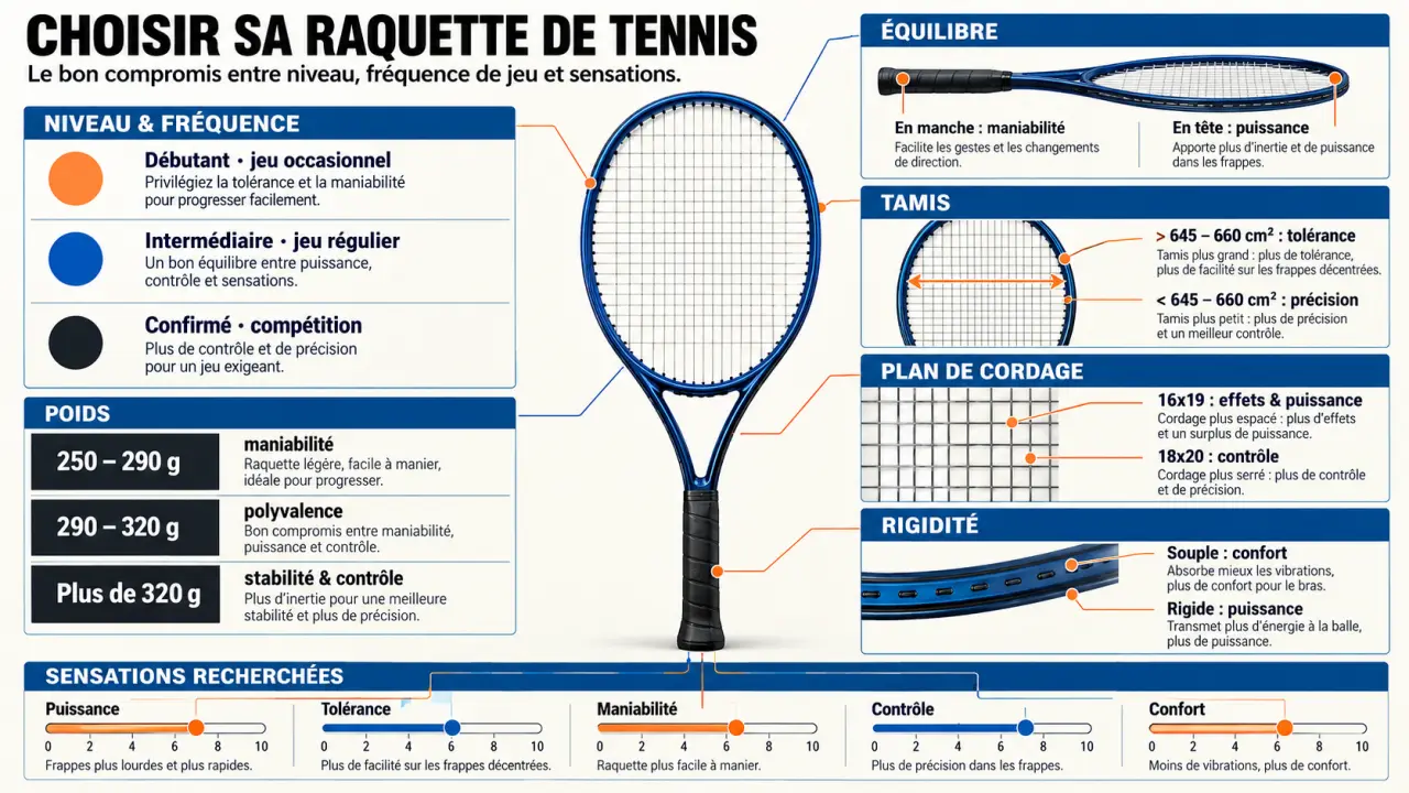 Infographie pour savoir quelle raquette de tennis choisir selon le poids, le tamis, l’équilibre et le cordage