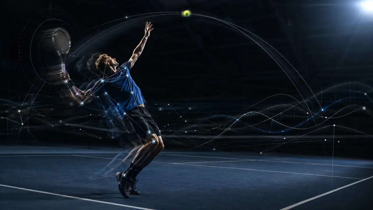 Service de tennis en pleine frappe avec surcouche de données de tracking vidéo